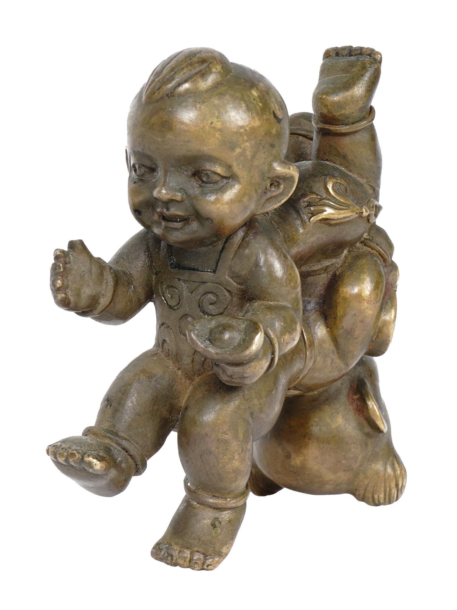 CHINESE TWO KIDS PATINATED BRASS AMULET FIGURINE PIC-3